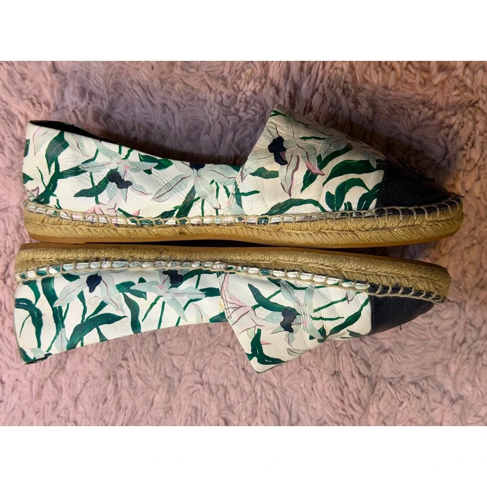 Tory Burch Floral‎ Leather Espadrilles Black Cap Toe Logo Flats Cream Green